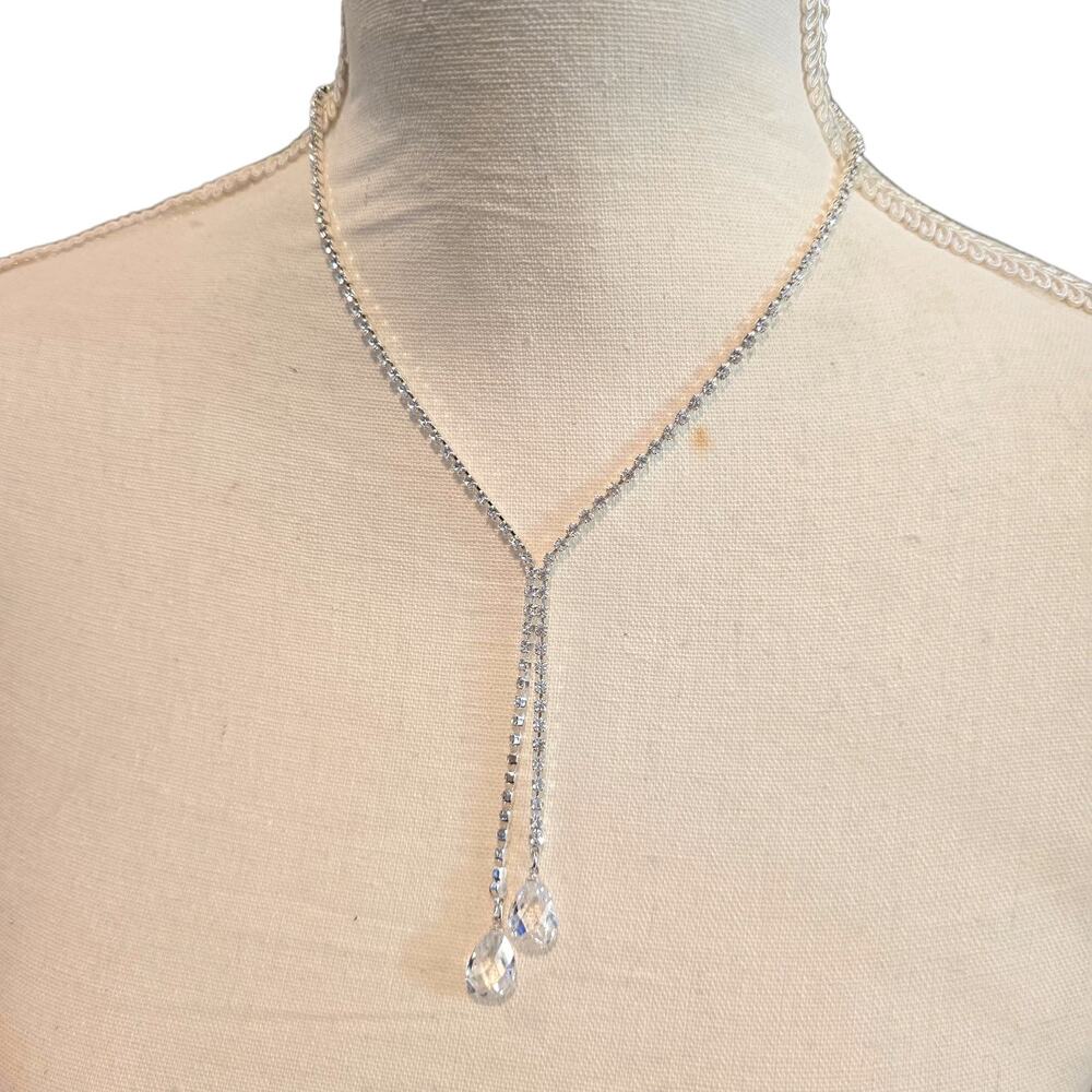 Necklace Vintage Monet Lariat Y Drop Teardrop Rhinestone Silver Tone 18" SKU2879